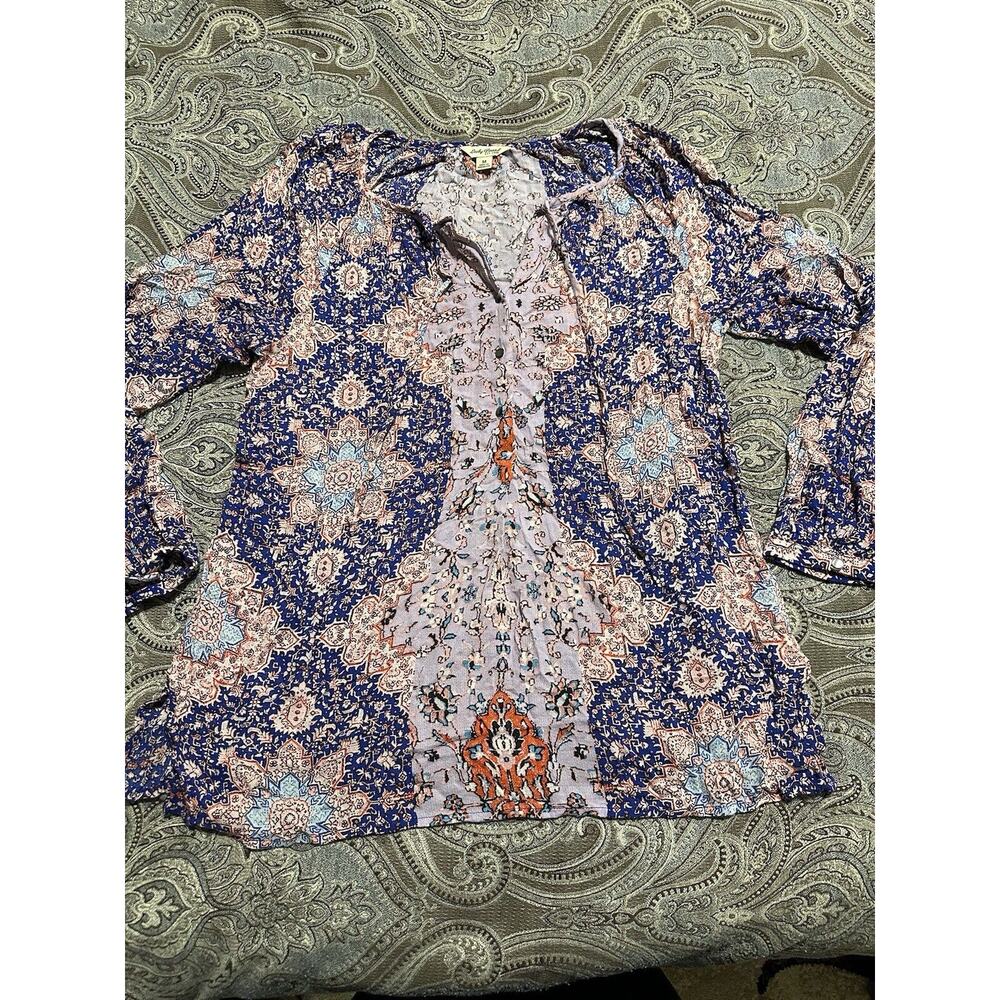Lucky Brand Blouse Medium Purple Bohemian Floral Long Sleeve 100% Rayon Top
